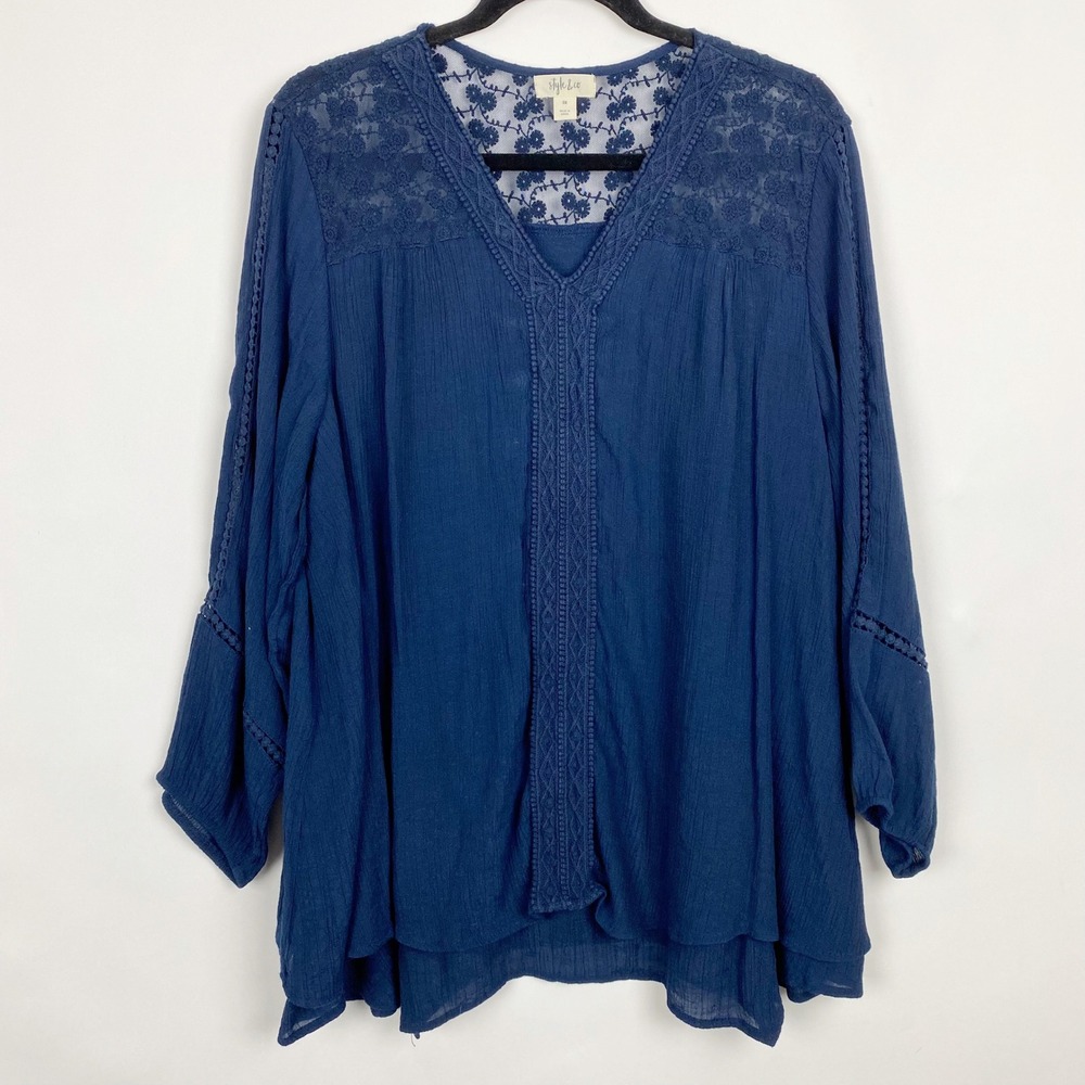 Style & Co Lace Yoke Crochet Trim Boho Blouse Plus Women 3X Navy Blue